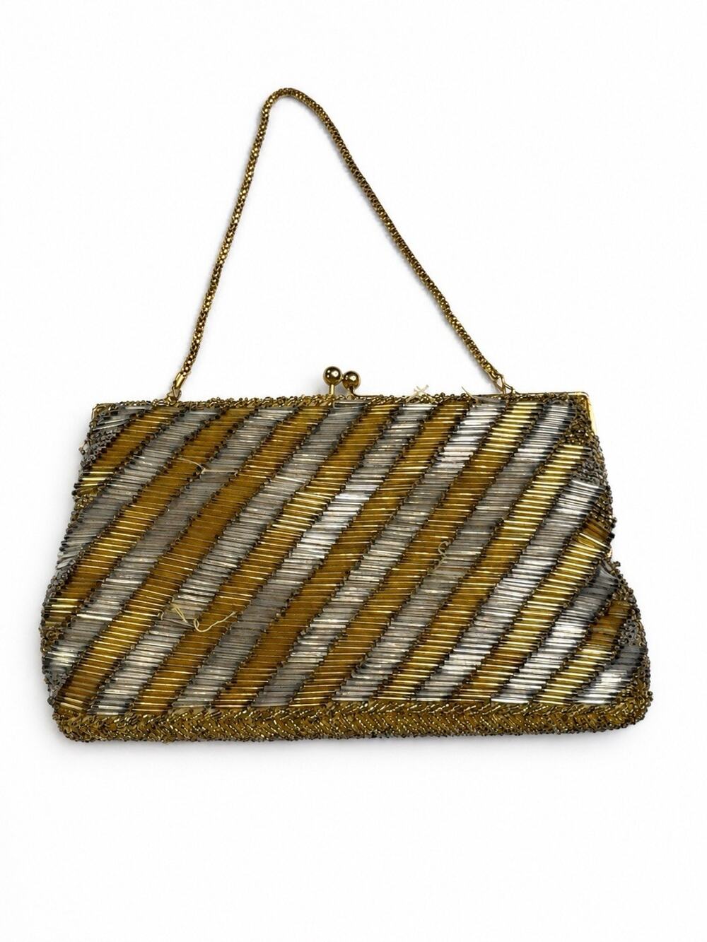Vintage La Regale Gold Silver Beaded Evening Bag Clutch Purse Hong Kong
